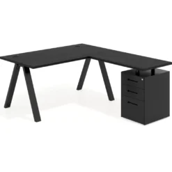 Mesa de escritorio en L con cajones UvePro, estructura negra, ala pedestal metal