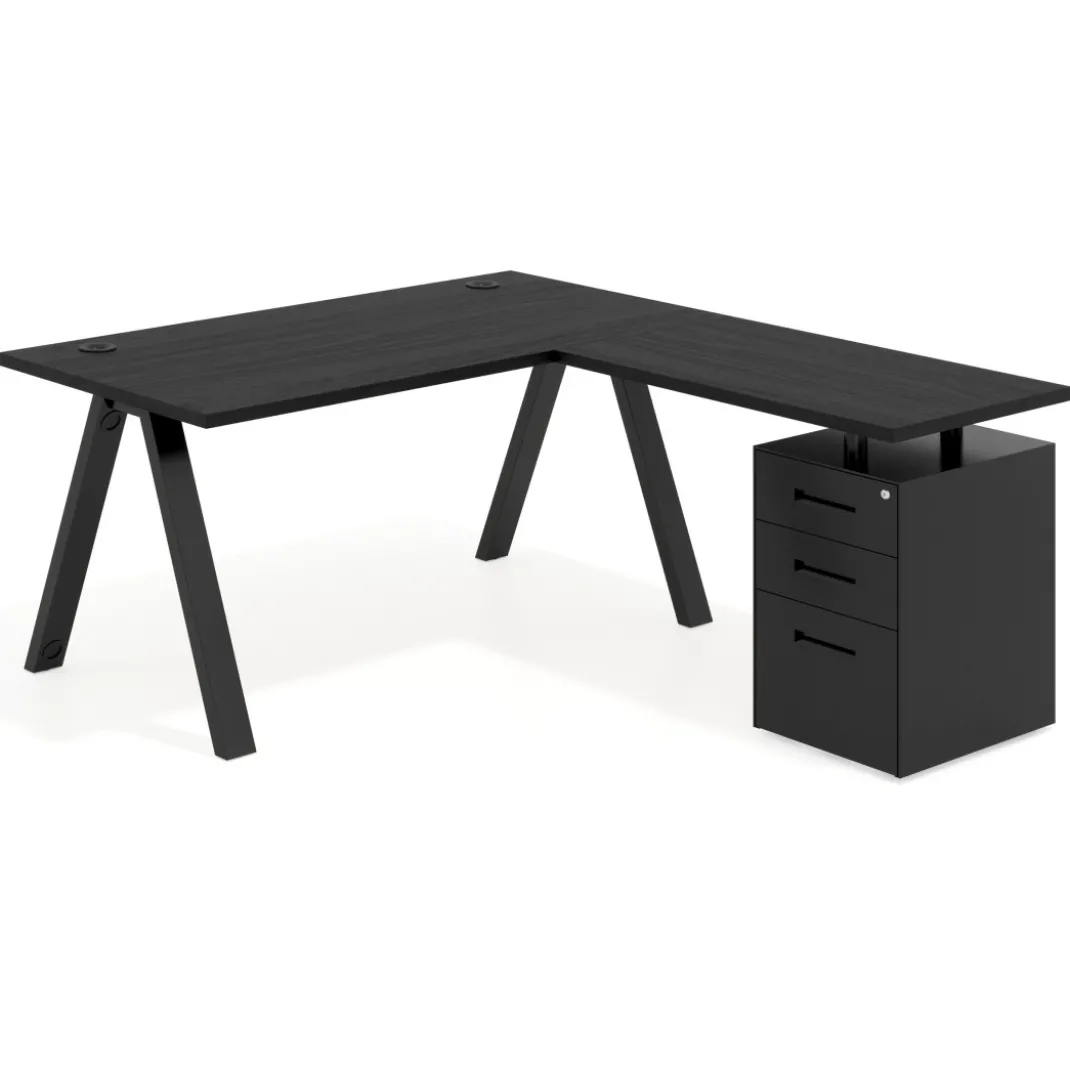 Mesa de escritorio en L con cajones UvePro, estructura negra, ala pedestal metal