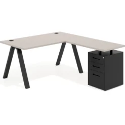 Mesa de escritorio en L con cajones Delta, estructura blanca, ala pedestal metal