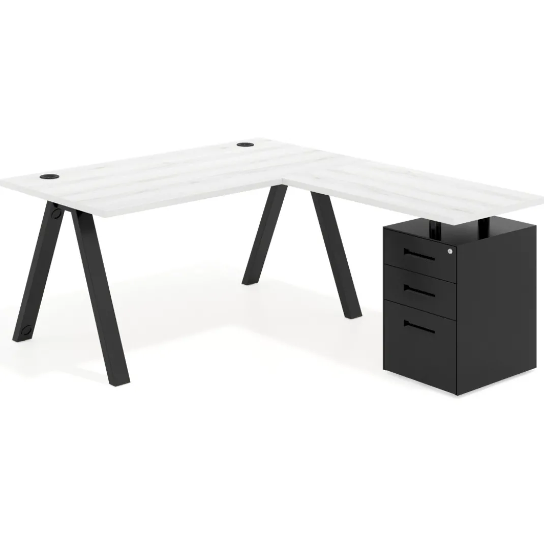 Mesa de escritorio en L con cajones UvePro, estructura negra, ala pedestal metal