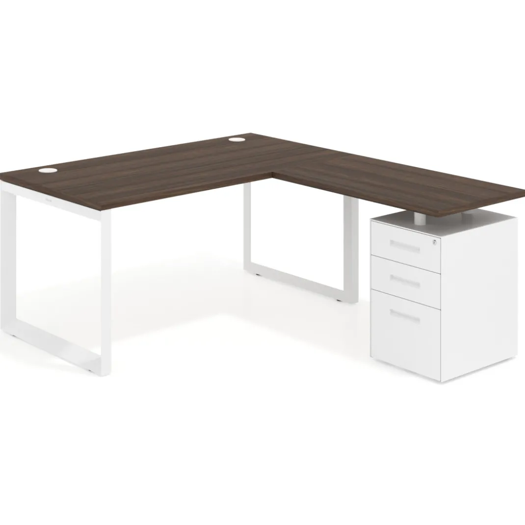 Mesa de escritorio en L con cajones Delta, estructura blanca, ala pedestal metal