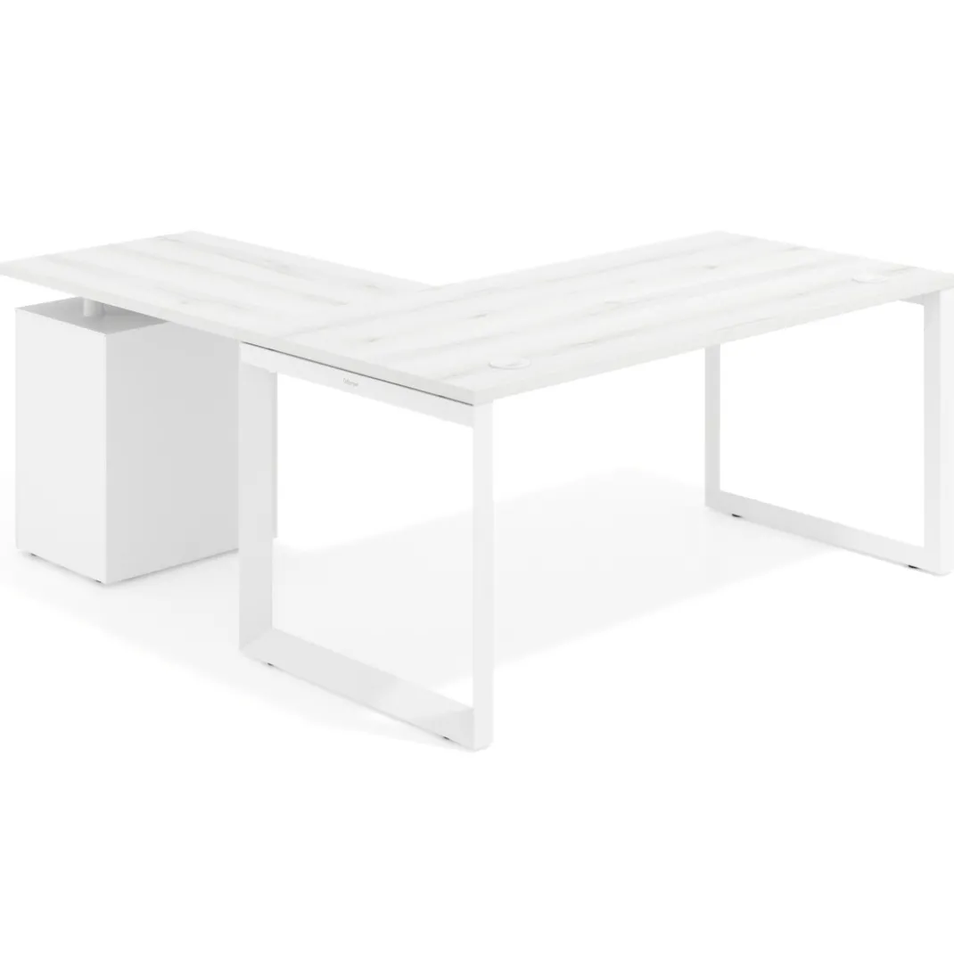 Mesa de escritorio en L con cajones Delta, estructura blanca, ala pedestal metal