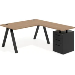 Mesa de escritorio en L con cajones UvePro, estructura negra, ala pedestal metal
