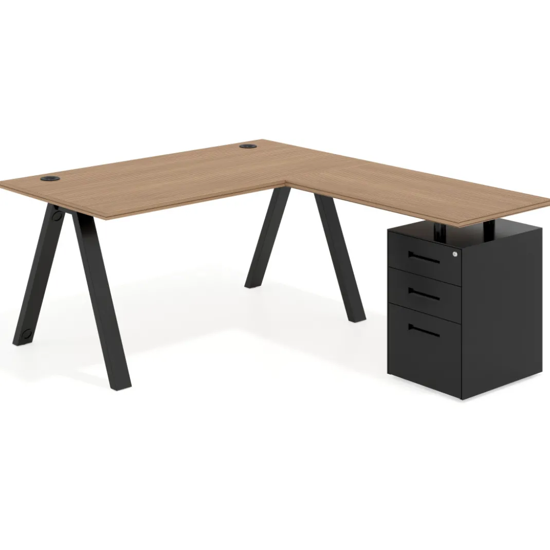 Mesa de escritorio en L con cajones UvePro, estructura negra, ala pedestal metal