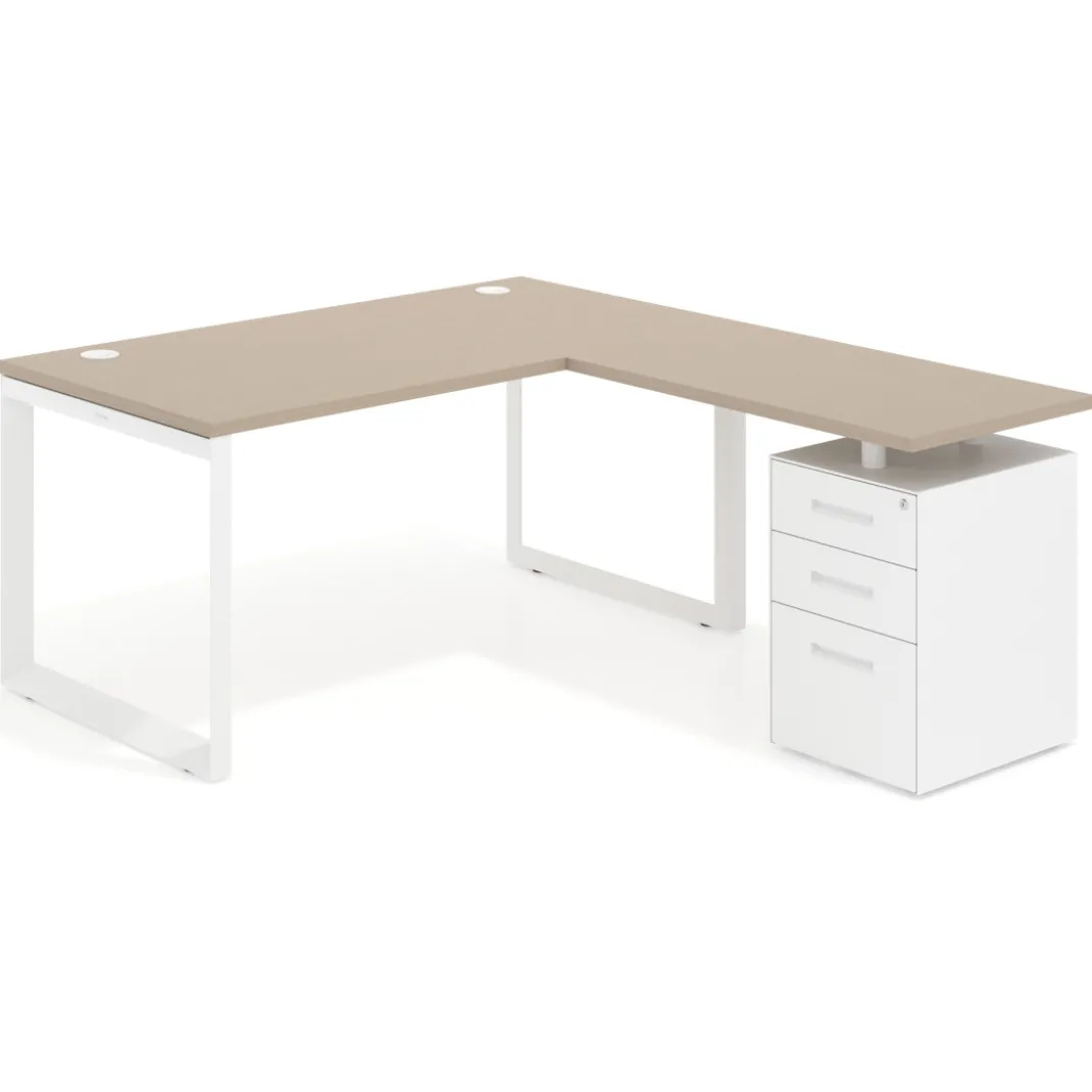 Mesa de escritorio en L con cajones Delta, estructura blanca, ala pedestal metal