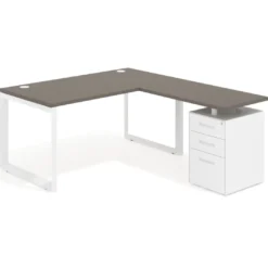 Mesa de escritorio en L con cajones Delta, estructura blanca, ala pedestal metal