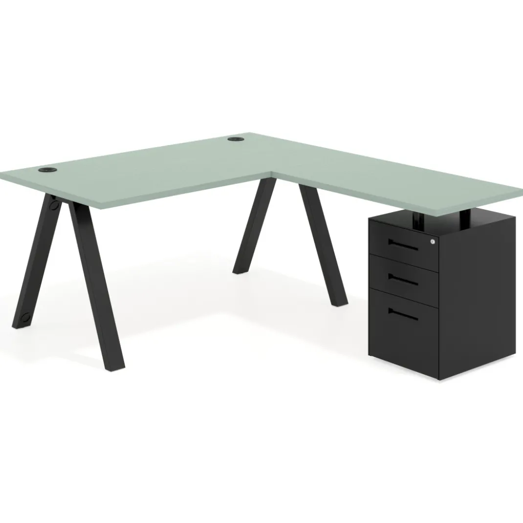 Mesa de escritorio en L con cajones UvePro, estructura negra, ala pedestal metal