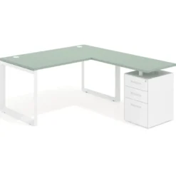 Mesa de escritorio en L con cajones Delta, estructura blanca, ala pedestal metal