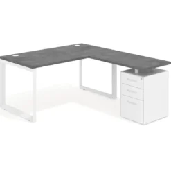 Mesa de escritorio en L con cajones Delta, estructura blanca, ala pedestal metal