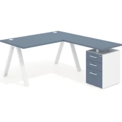Mesa de escritorio en L con cajones UvePro, estructura blanca, ala pedestal melamina