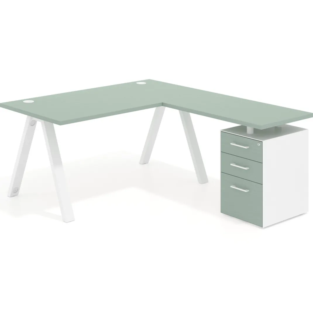 Mesa de escritorio en L con cajones UvePro, estructura blanca, ala pedestal melamina