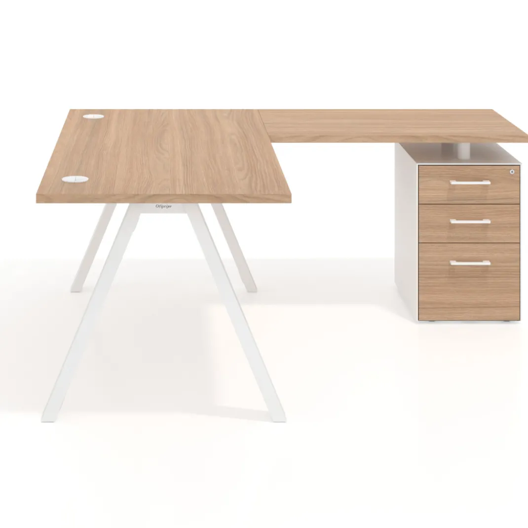 Mesa de escritorio en L con cajones UvePro, estructura blanca, ala pedestal melamina