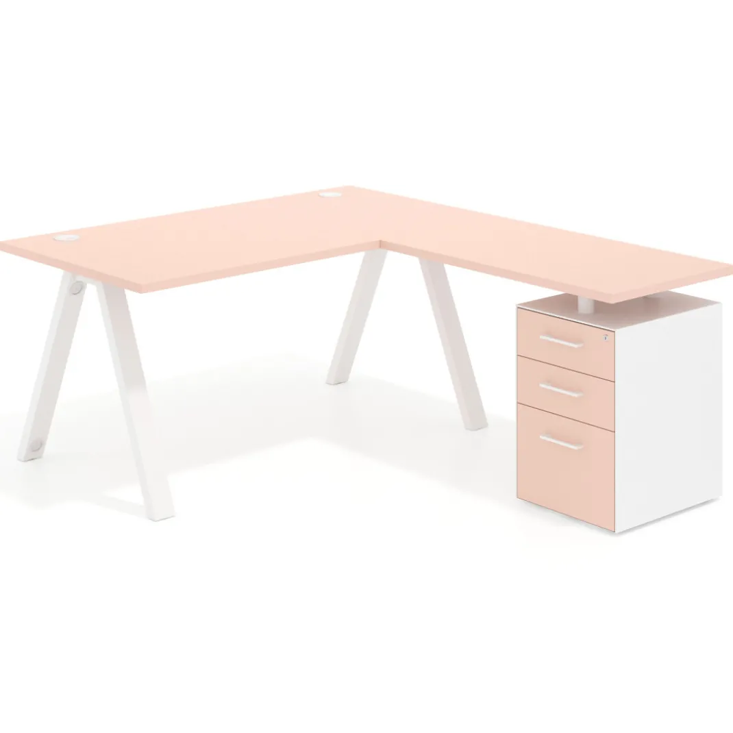 Mesa de escritorio en L con cajones UvePro, estructura blanca, ala pedestal melamina