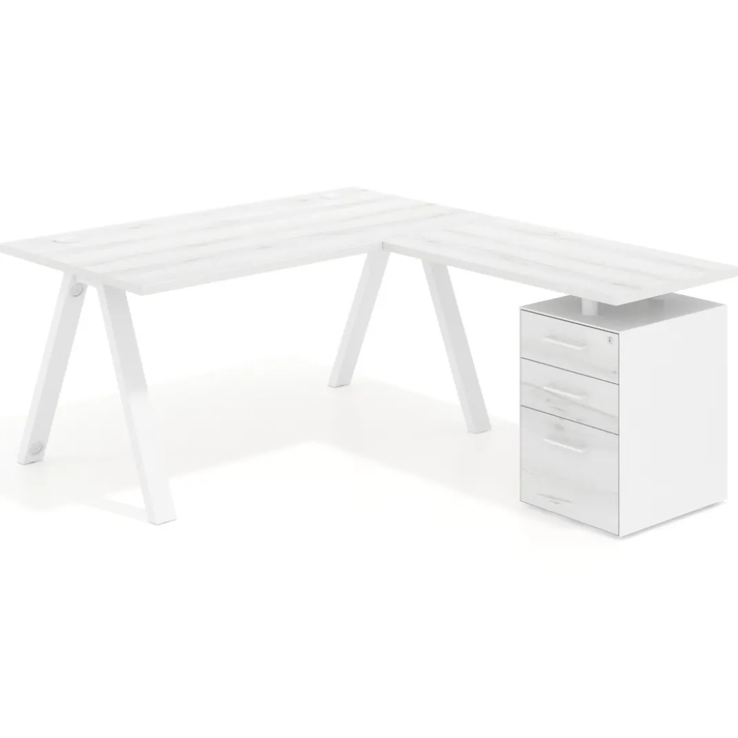 Mesa de escritorio en L con cajones UvePro, estructura blanca, ala pedestal melamina