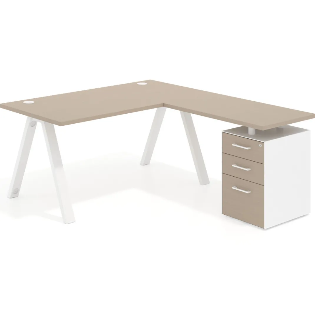 Mesa de escritorio en L con cajones UvePro, estructura blanca, ala pedestal melamina