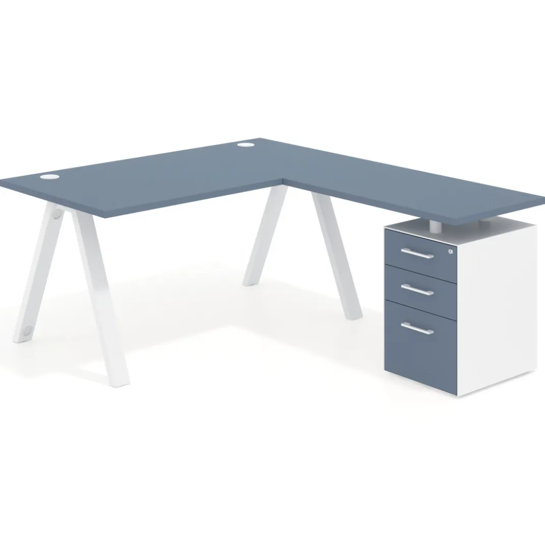 Mesa de escritorio en L con cajones UvePro, estructura blanca, ala pedestal melamina