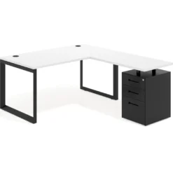 Mesa de escritorio en L con cajones Delta, estructura negra, ala pedestal metal