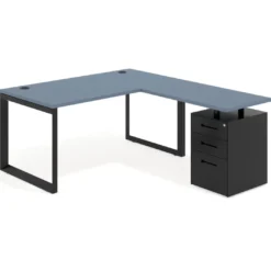 Mesa de escritorio en L con cajones Delta, estructura negra, ala pedestal metal