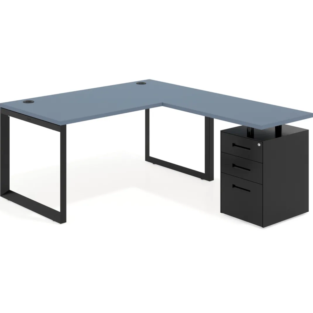Mesa de escritorio en L con cajones Delta, estructura negra, ala pedestal metal