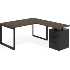 Mesa de escritorio en L con cajones Delta, estructura negra, ala pedestal metal