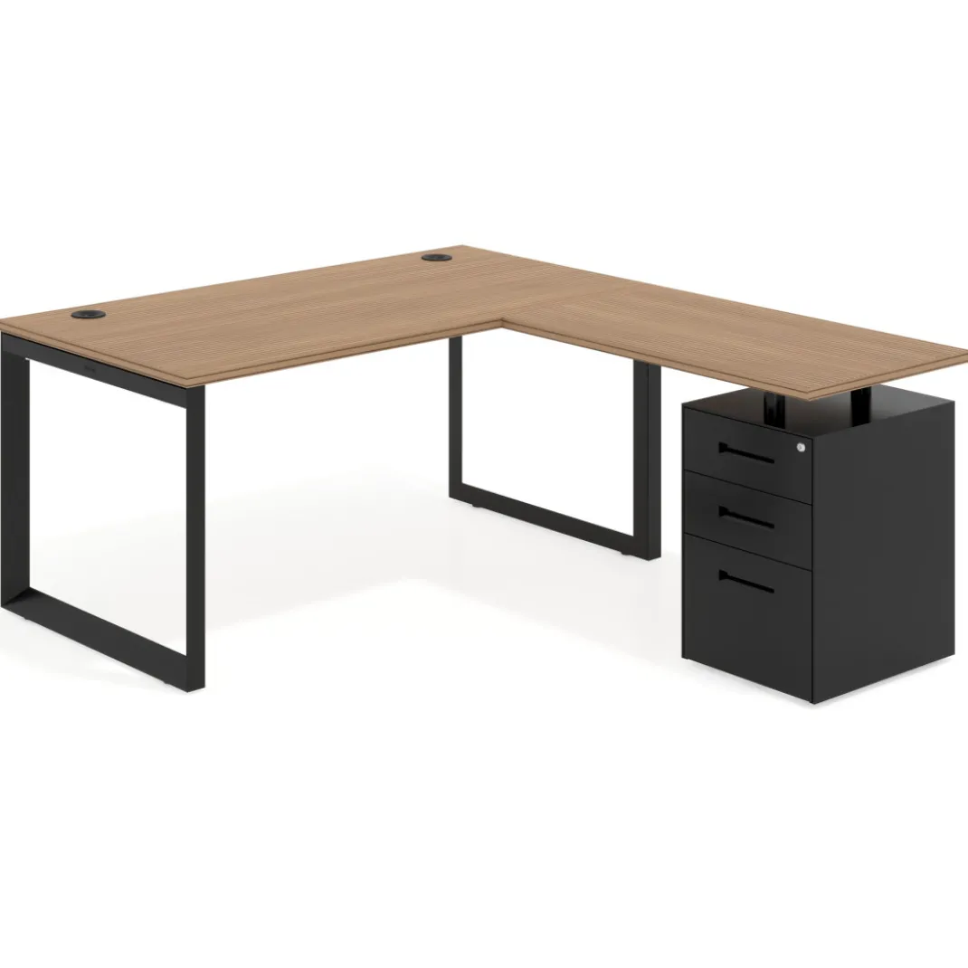 Mesa de escritorio en L con cajones Delta, estructura negra, ala pedestal metal