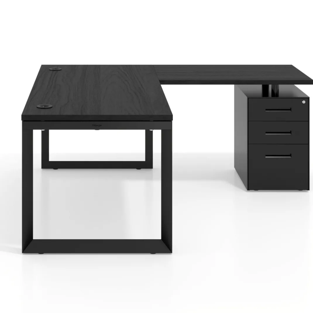 Mesa de escritorio en L con cajones Delta, estructura negra, ala pedestal metal