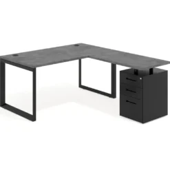 Mesa de escritorio en L con cajones Delta, estructura negra, ala pedestal metal