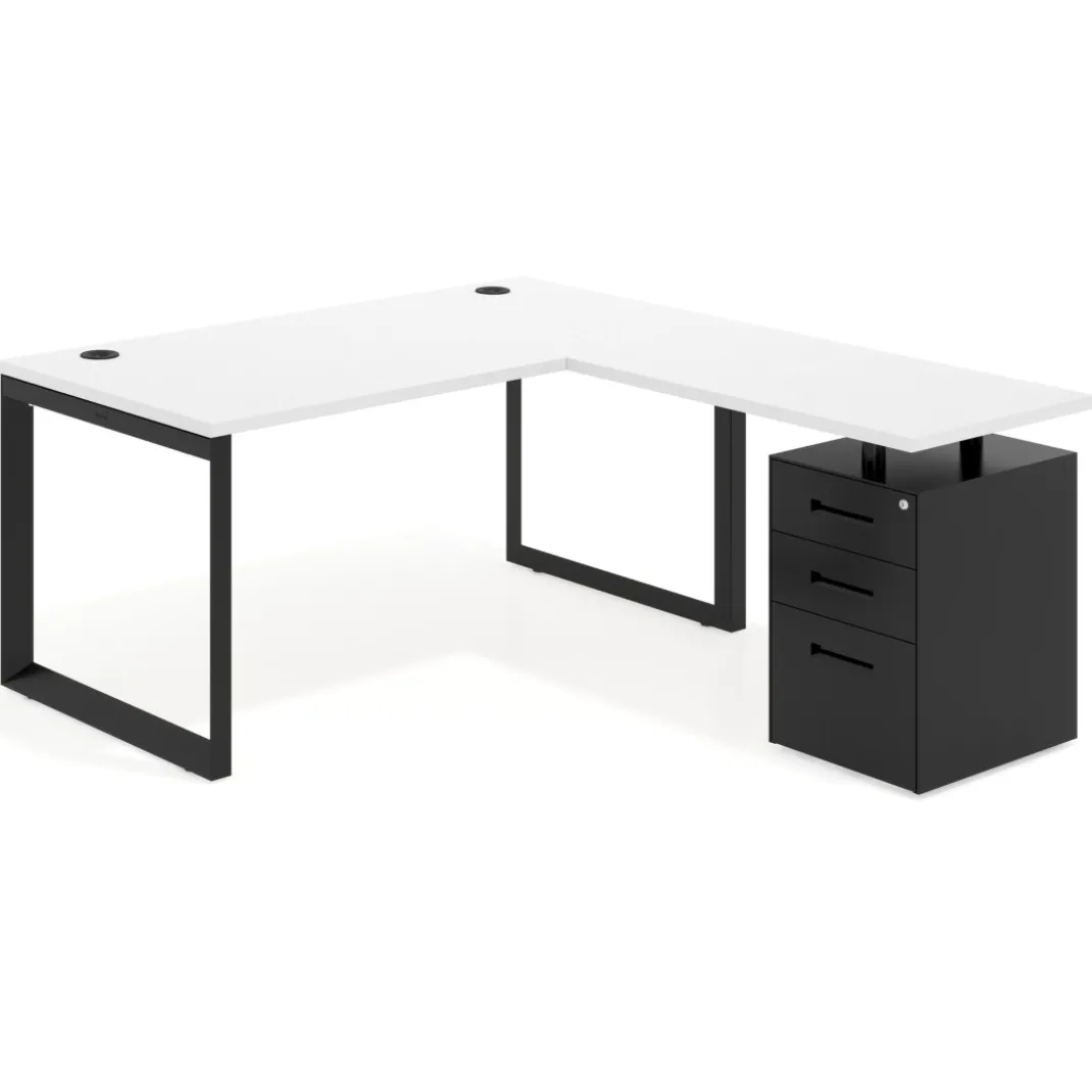 Mesa de escritorio en L con cajones Delta, estructura negra, ala pedestal metal