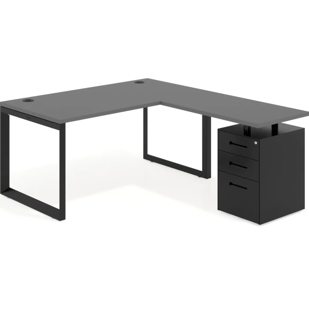 Mesa de escritorio en L con cajones Delta, estructura negra, ala pedestal metal