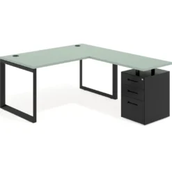 Mesa de escritorio en L con cajones Delta, estructura negra, ala pedestal metal