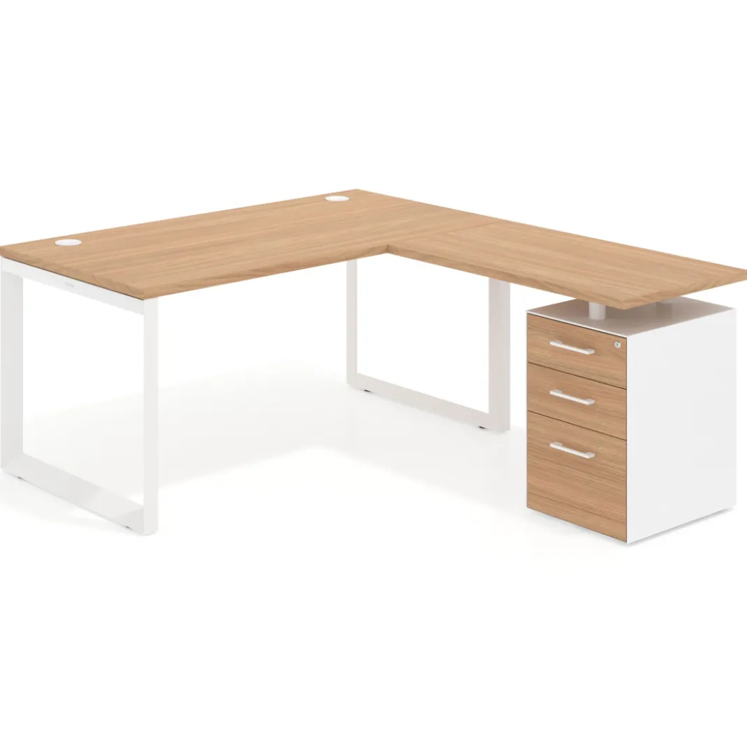 Mesa de escritorio en L con cajones Delta, estructura negra, ala pedestal metal