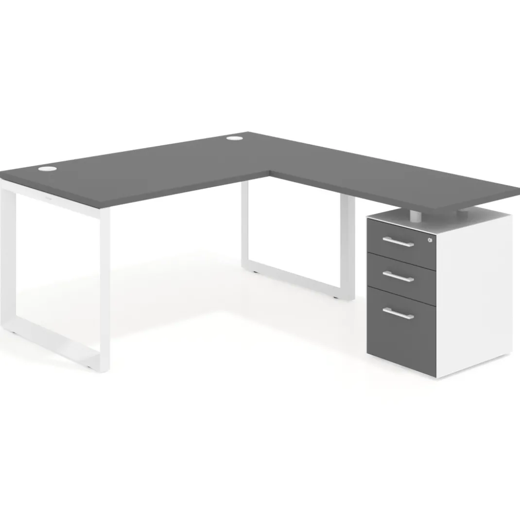 Mesa de escritorio en L con cajones Delta, estructura negra, ala pedestal metal