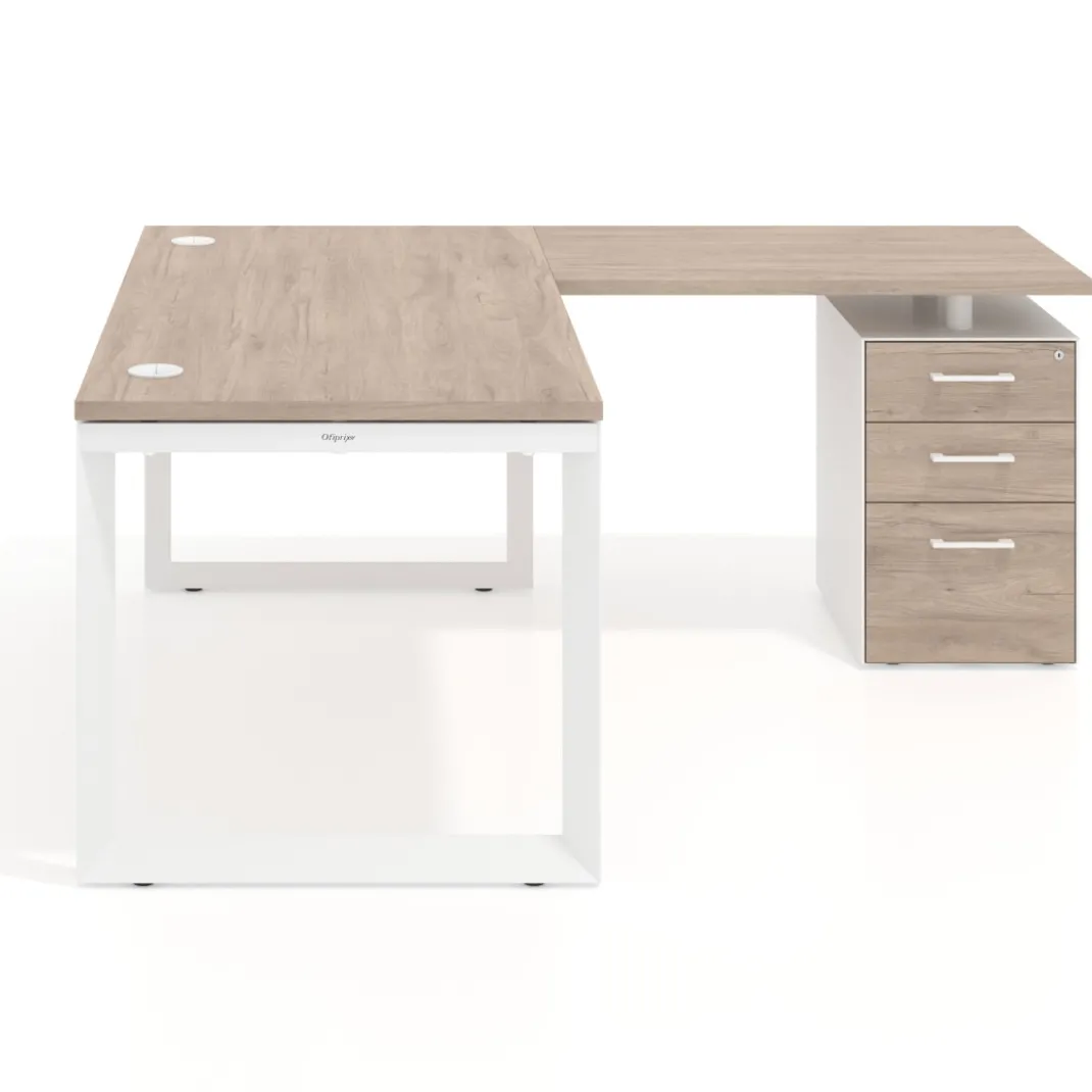 Mesa de escritorio en L con cajones Delta, estructura negra, ala pedestal metal