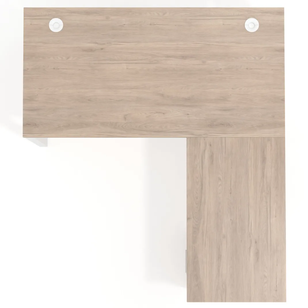 Mesa de escritorio en L con cajones Delta, estructura negra, ala pedestal metal