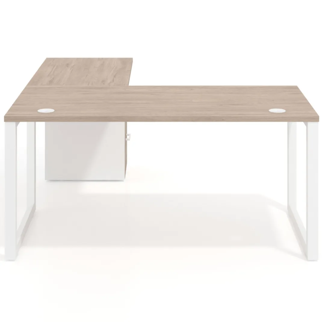 Mesa de escritorio en L con cajones Delta, estructura blanca, ala pedestal melamina