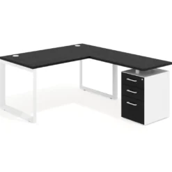 Mesa de escritorio en L con cajones Delta, estructura blanca, ala pedestal melamina