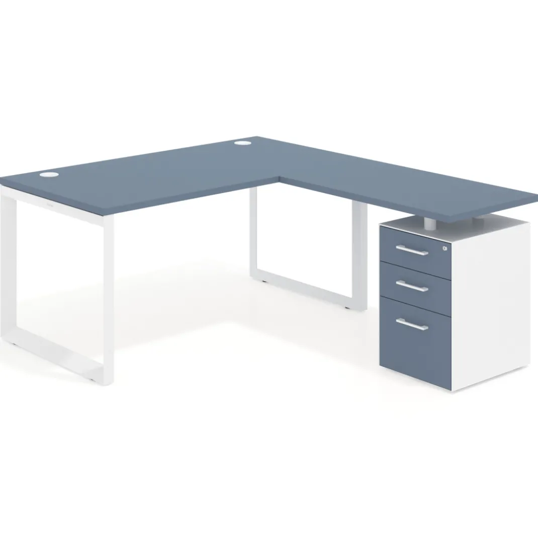 Mesa de escritorio en L con cajones Delta, estructura blanca, ala pedestal melamina