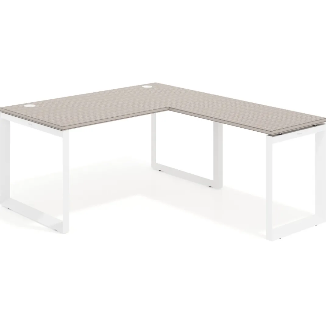 Mesa de escritorio en L Delta, fondo 80cm, estructura blanca