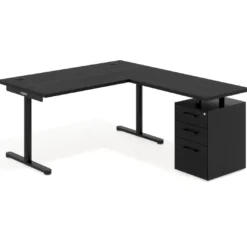 Mesa de Escritorio en L Tdesk, fondo 80cm, estructura negra, pedestal melamina