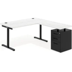 Mesa de Escritorio en L Tdesk, fondo 80cm, estructura negra, pedestal metal