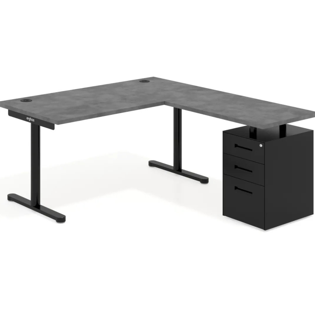 Mesa de Escritorio en L Tdesk, fondo 80cm, estructura negra, pedestal metal