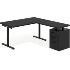 Mesa de Escritorio en L Tdesk, fondo 80cm, estructura negra, pedestal metal