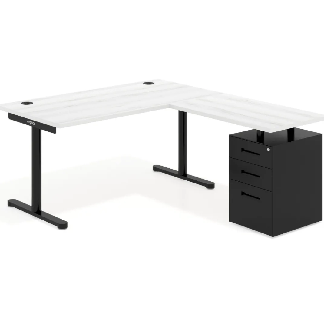Mesa de Escritorio en L Tdesk, fondo 80cm, estructura negra, pedestal metal
