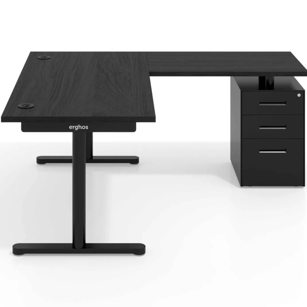 Mesa de Escritorio en L Tdesk, fondo 80cm, estructura negra, pedestal metal