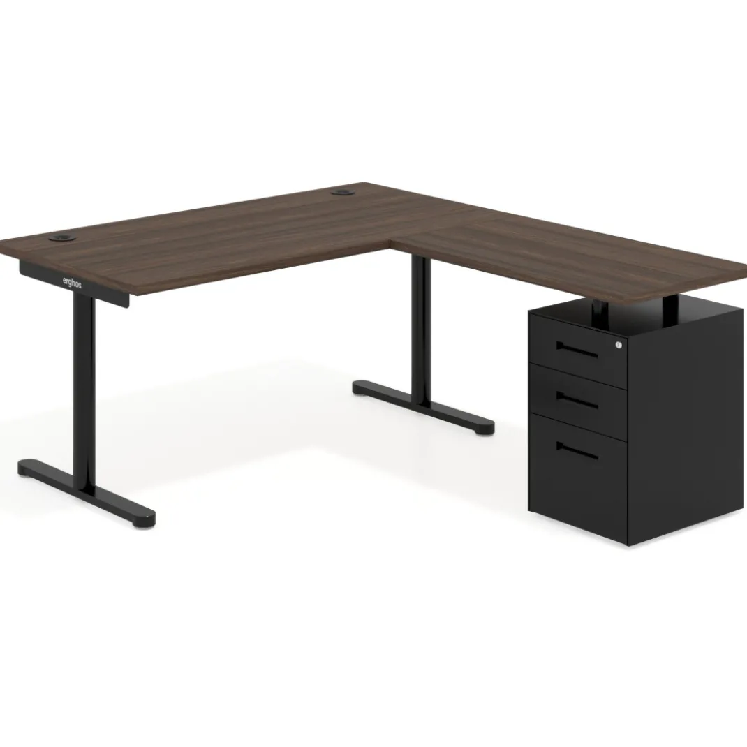 Mesa de Escritorio en L Tdesk, fondo 80cm, estructura negra, pedestal metal