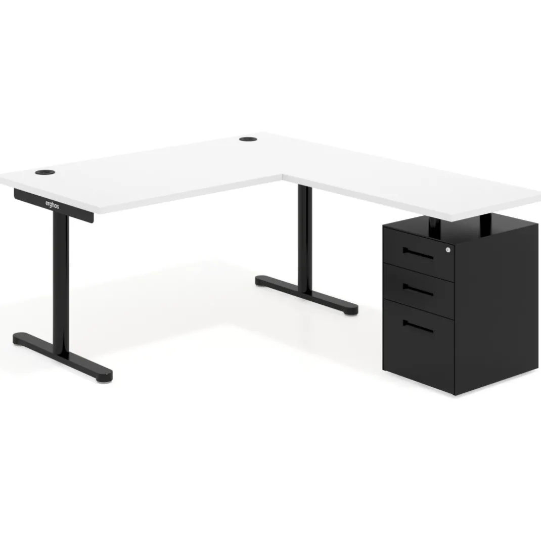 Mesa de Escritorio en L Tdesk, fondo 80cm, estructura negra, pedestal metal