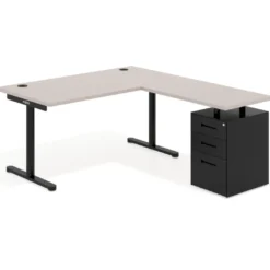 Mesa de Escritorio en L Tdesk, fondo 80cm, estructura negra, pedestal metal