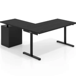 Mesa de Escritorio en L Tdesk, fondo 80cm, estructura negra, pedestal metal