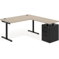 Mesa de Escritorio en L Tdesk, fondo 80cm, estructura negra, pedestal metal