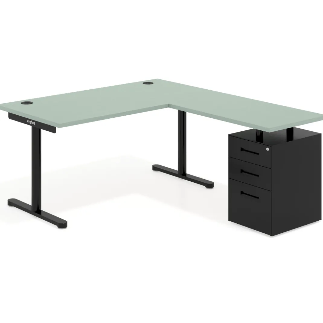Mesa de Escritorio en L Tdesk, fondo 80cm, estructura negra, pedestal metal